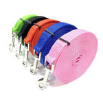 Set of colorful dog leashes with metal clips on a white background